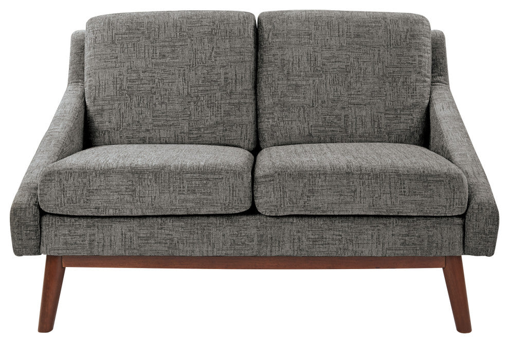 Mid-Century Loveseat, Charcoal Fabric With Coffee Finish Legs