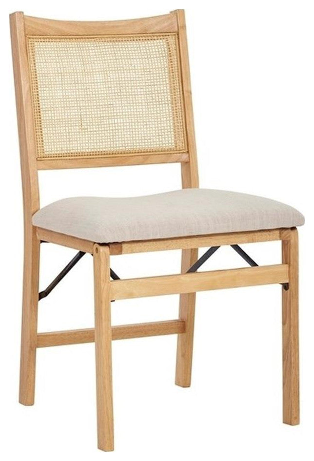 Linon Lorna Folding Side Chair Woven Cane Back Beige Padded Seat in Natural Wood