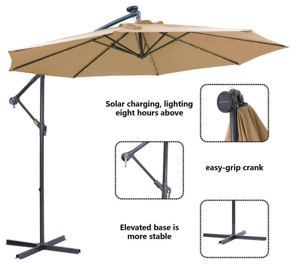 10' Steel Patio Hanging Cantilever Umbrella With 32 Solar LED Lights, Taupe