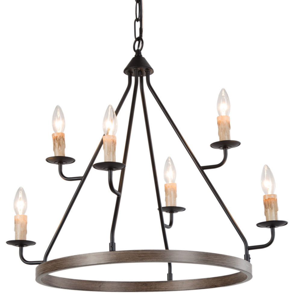 LNC Farmhouse Two-Tired 6-Light Black Wagon Wheel Chandelier