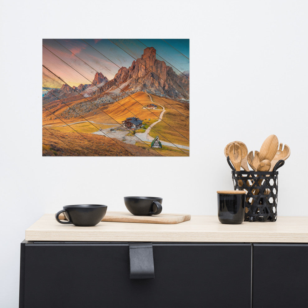 Faux Wood Majestic Sunset & Alpine Mountain Landscape Photo Wall Art Print, 16" X 20"