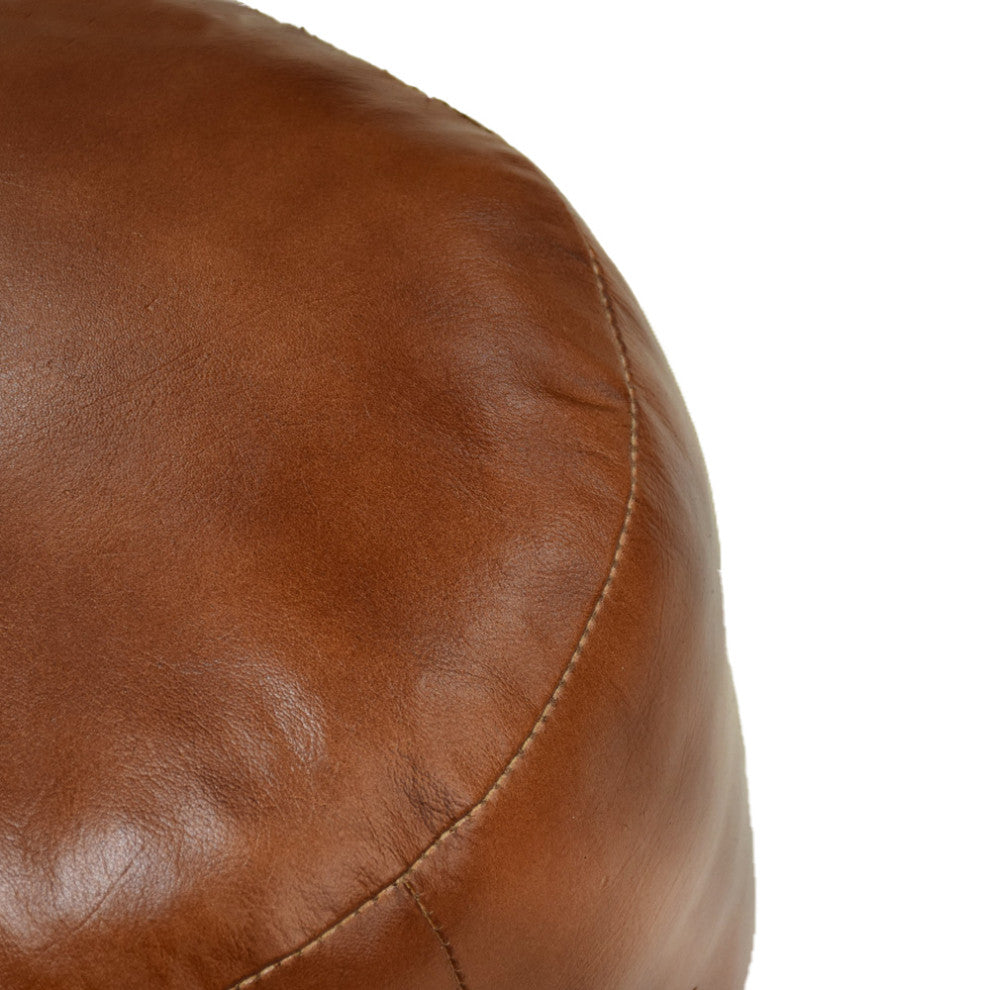Pouf-Solid Handmade Leather Pouf (Recycled Foam with Fiber Fill), Light Brown, {Round]14x14x14