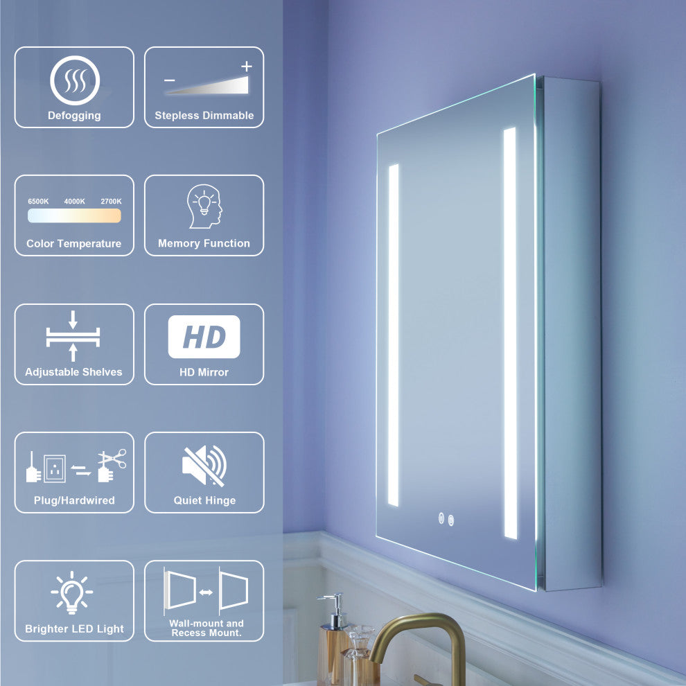 Recessed/Surface Mount LED Medicine Cabinet Mirror with Defogger, 24"x30" Right Hinge