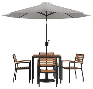 Lark 7 Pc Patio Table Set,4 Stackable Chairs,35" Square Table & Umbrella w/Base,