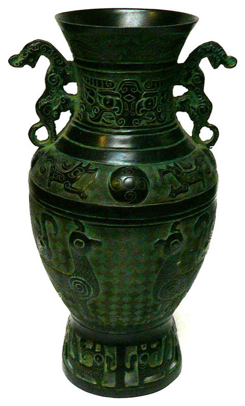 Chinese Old Dynasty Green Bronze Dragons Birds Pattern Ceremonial Vase Hcs1048