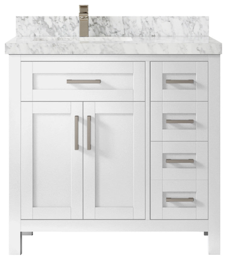 Cambridge 36 Left Offset Bath Vanity in White 2" Carrara Marble