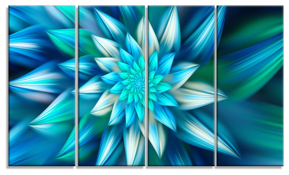 Huge Blue Fractal Flower, Floral Canvas Art Print, 48"x28", 4 Panels