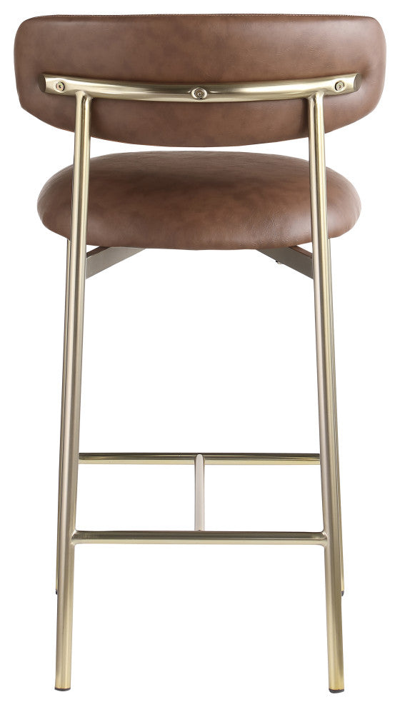 Lupita Upholstered Counter Stool, Brown, Vegan Leather, Brushed Gold, Set of 2