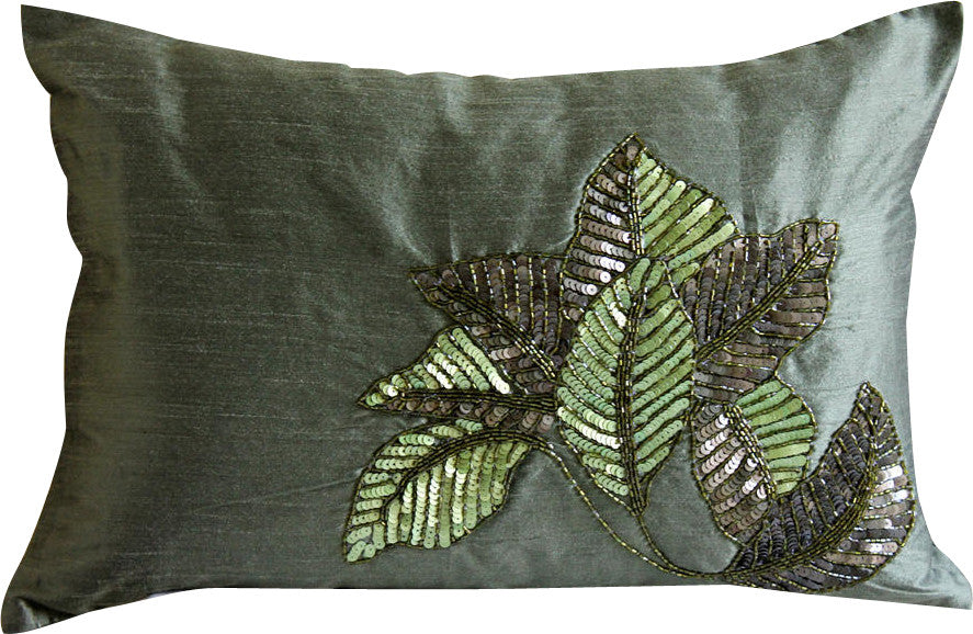 Green Rectangular Pillow Covers 12"x26" Silk, All About Leaves