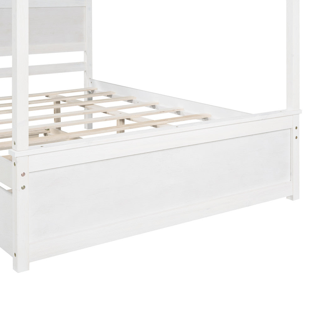Full Wood Frame Canopy Platform bed with Trundle Bed, White, Full