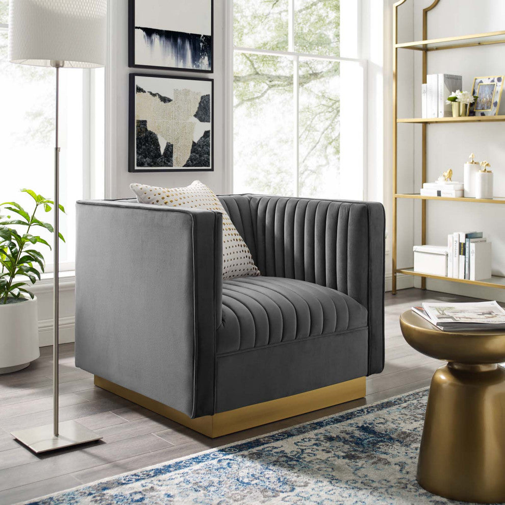 Sanguine Vertical Channel Tufted Accent Performance Velvet Armchair Gray