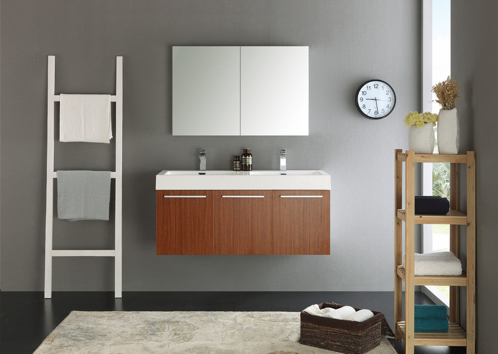 Vista 48" Teak Wall Hung Double Sink Modern Bathroom Vanity, FFT3111BN