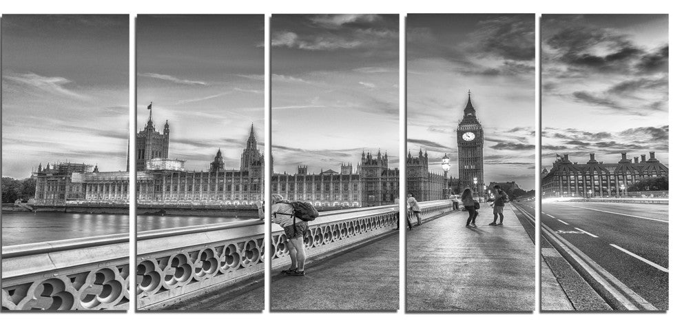 "Beautiful Black and White London View" Cityscape Wall Art, 60"x28", 5-Panels