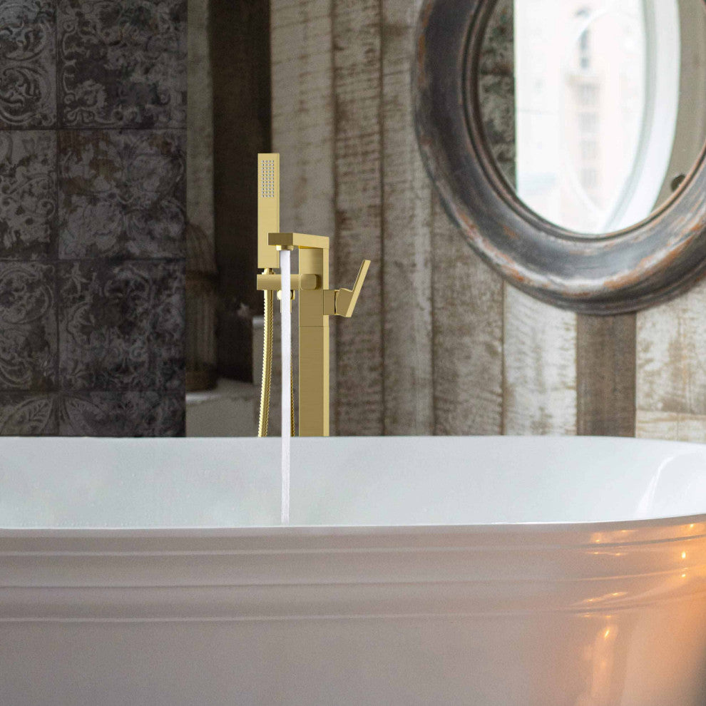 Cube Single Handle Floor Mount Tub Filler With Hand Shower, Brushed Gold