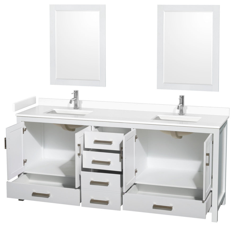 80"DBL Bathroom Vanity White, White Cult. Marble Countertop, Sinks, 24" Mirrors