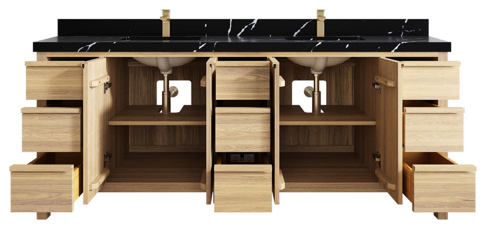 Elizabeth Oak 84" Double Sink Vanity, White 2" Calacatta Black