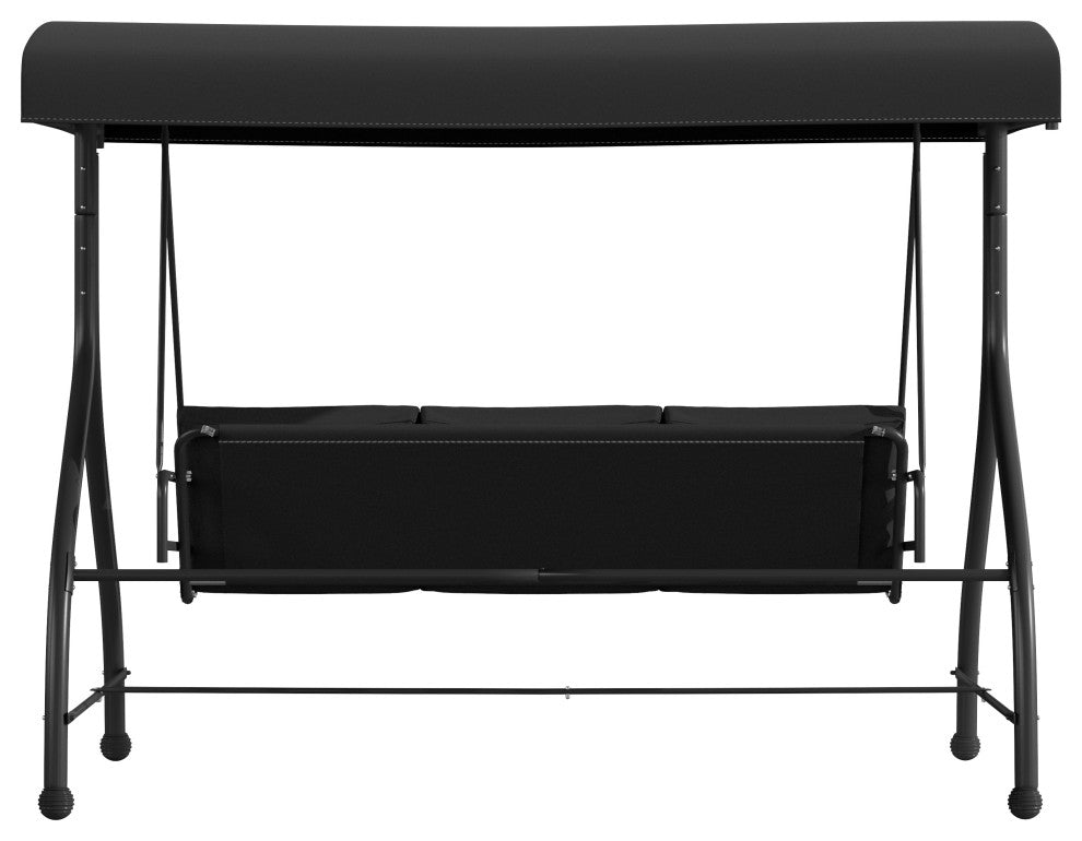 3-Seat Outdoor Steel Converting Patio Swing Canopy Hammock With Cushions, Black