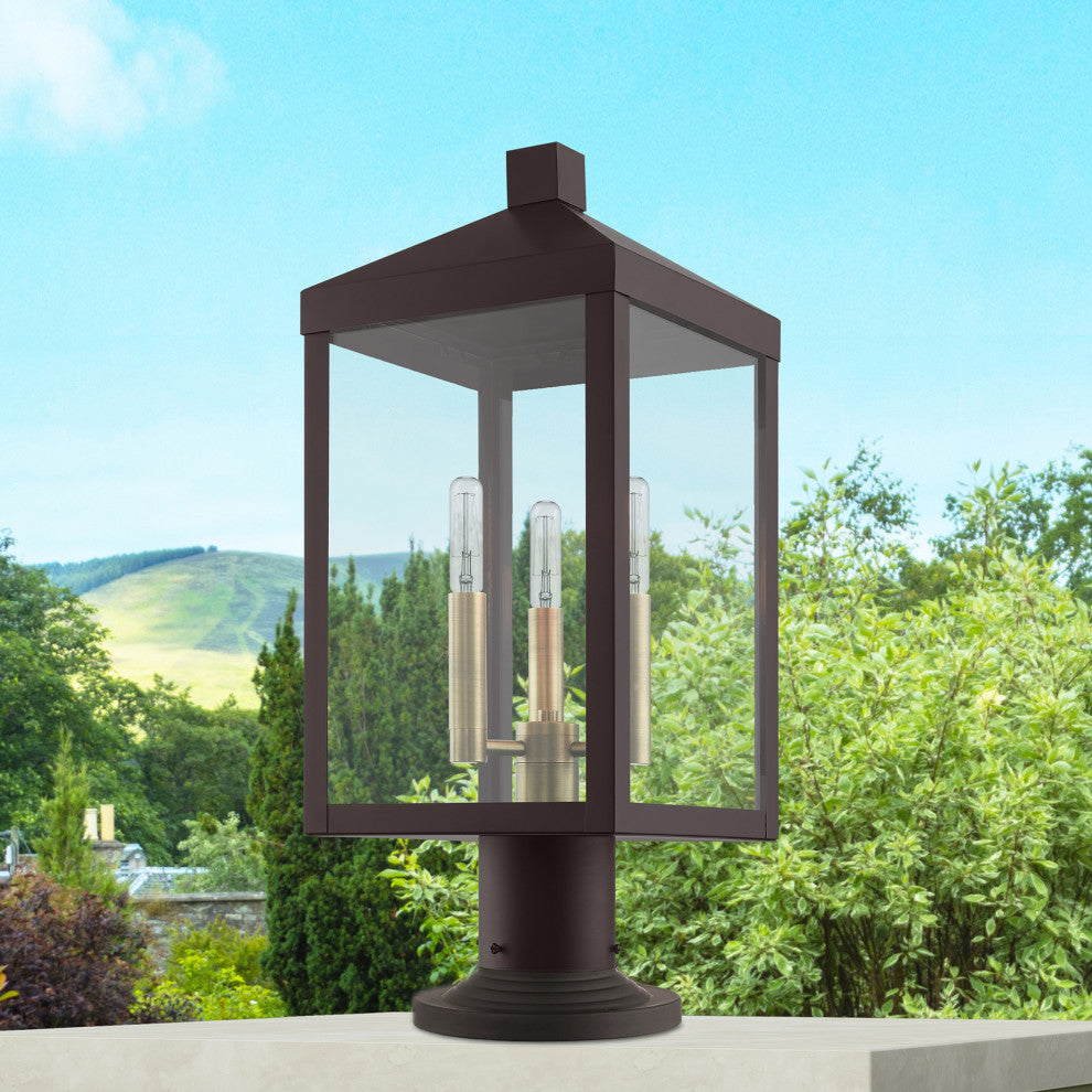 Nyack 3 Light Bronze, Antique Brass Cluster Medium Outdoor Post Top Lantern