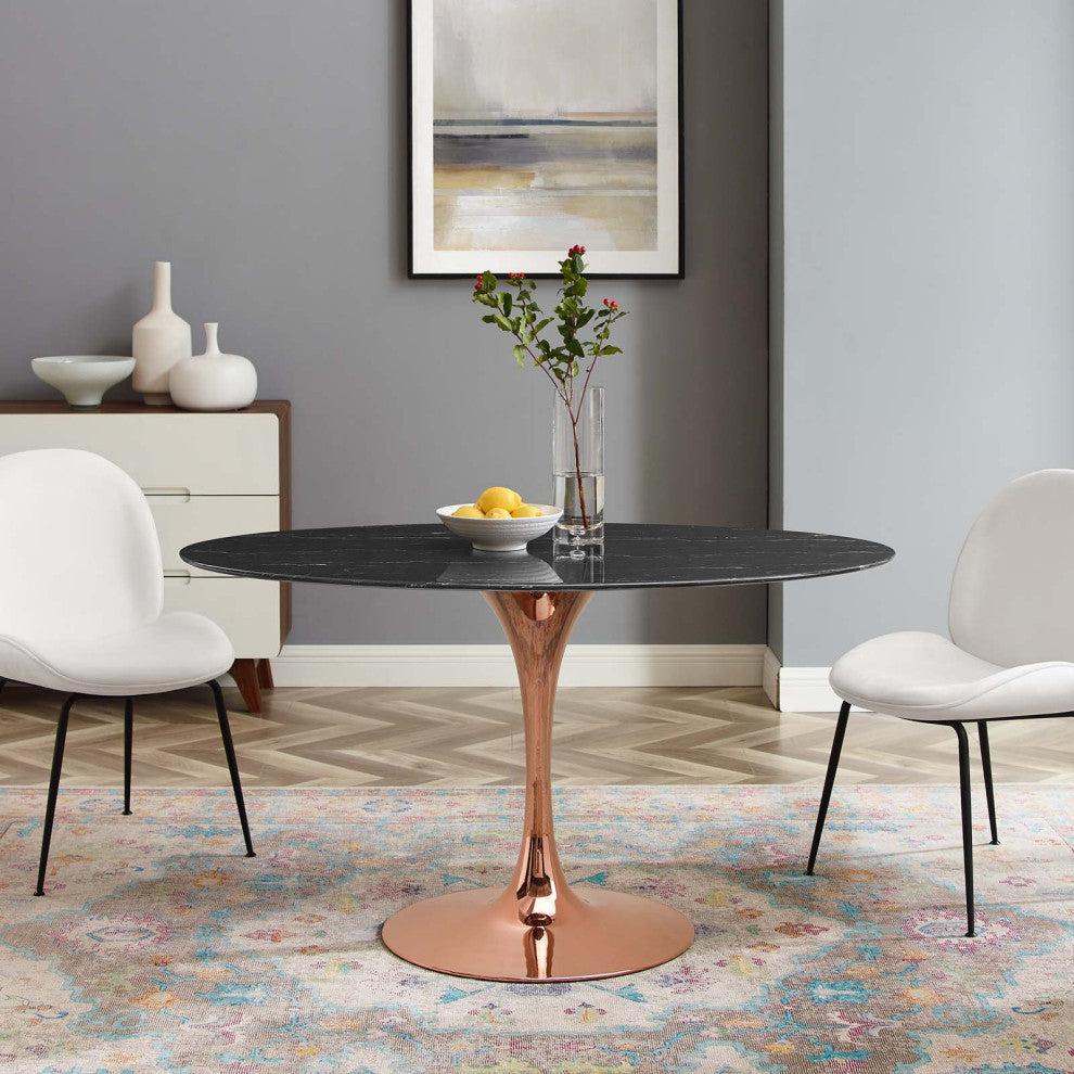 Dining Table, Oval, Artificial Marble, Metal, Rose Gold Black, Modern, Bistro