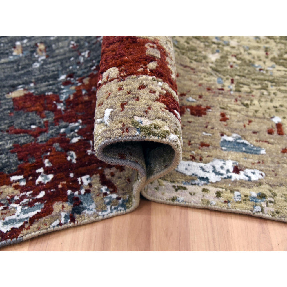 Parchment Color, Hand Knotted Abstract Design, Soft Wool Square Rug, 8'0"x8'5"