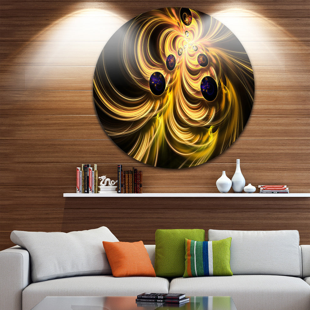 Yellow Fractal Flames, Abstract Digital Art Disc Metal Artwork, 36"