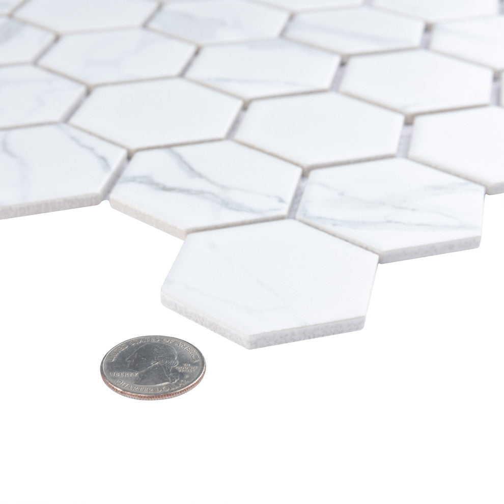 Carrione 2" Hex Matte Carrara Porcelain Floor and Wall Tile