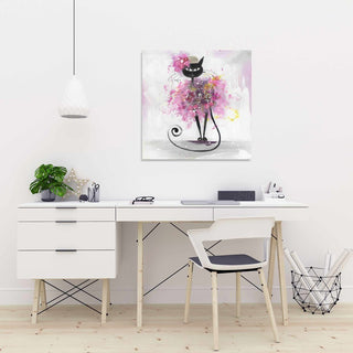 Cartoon Cat With Pink Flowers Print On Wrapped Canvas, 24"x24"