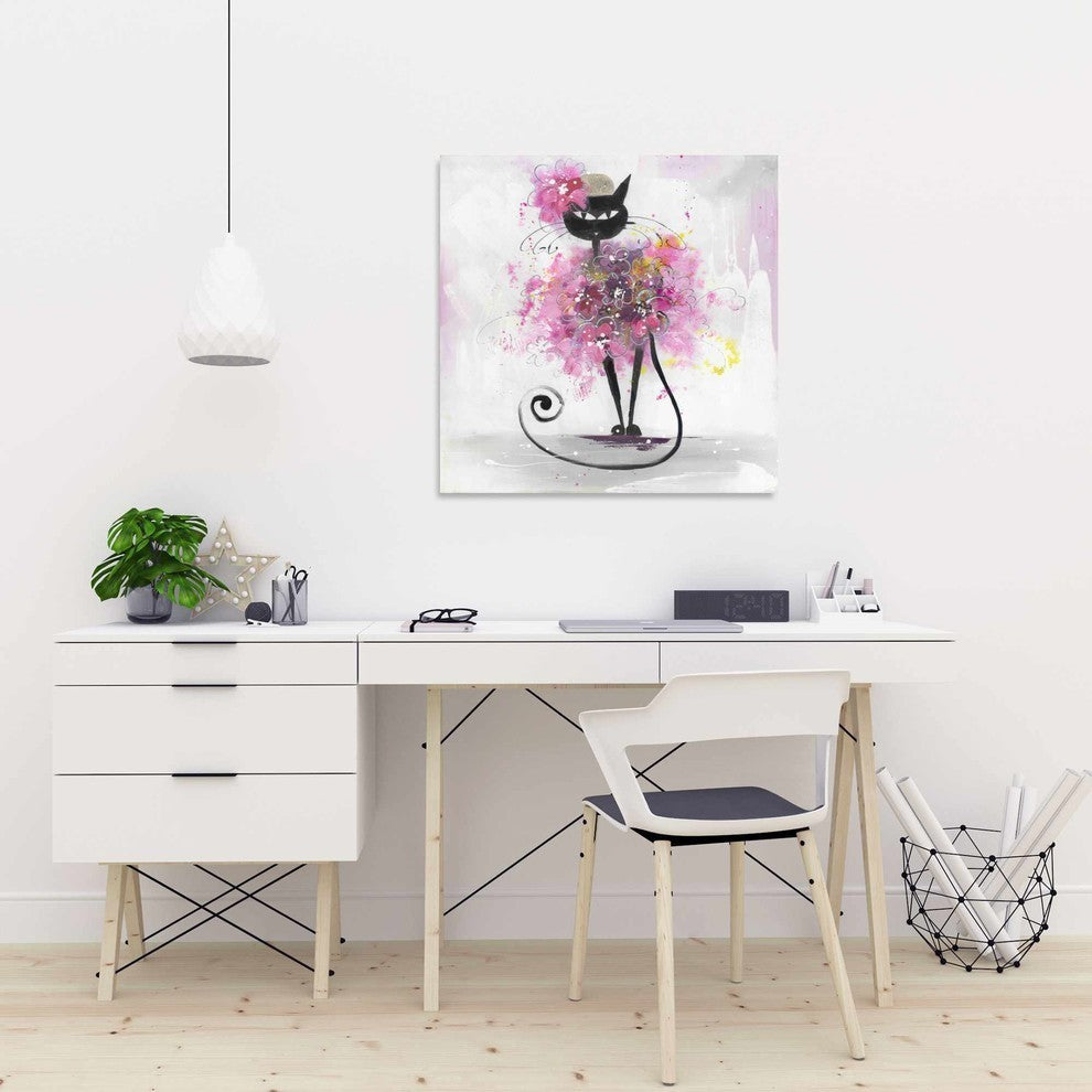 Cartoon Cat With Pink Flowers Print On Wrapped Canvas, 24"x24"