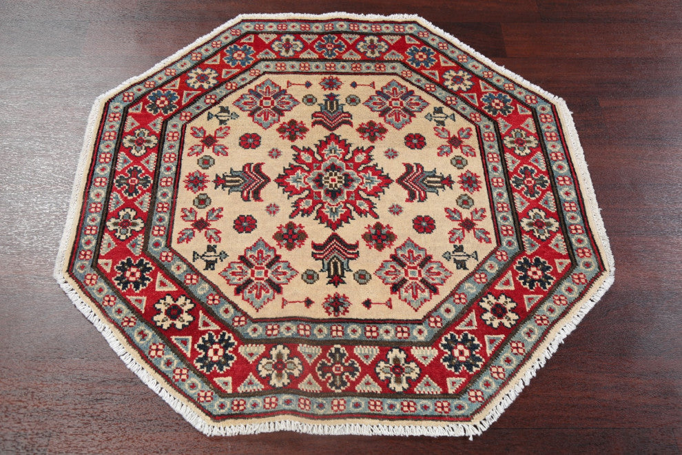 Kazak Oriental Pakistani Traditional Hand Made Area Rug, Beige, 3'3"x3'4