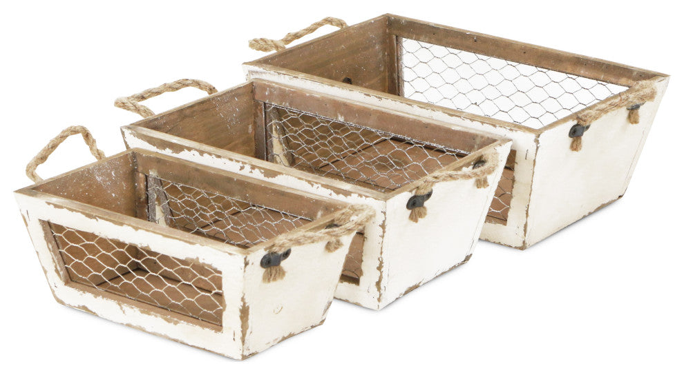 Chicken Wire Wooden Crates, Set of 3