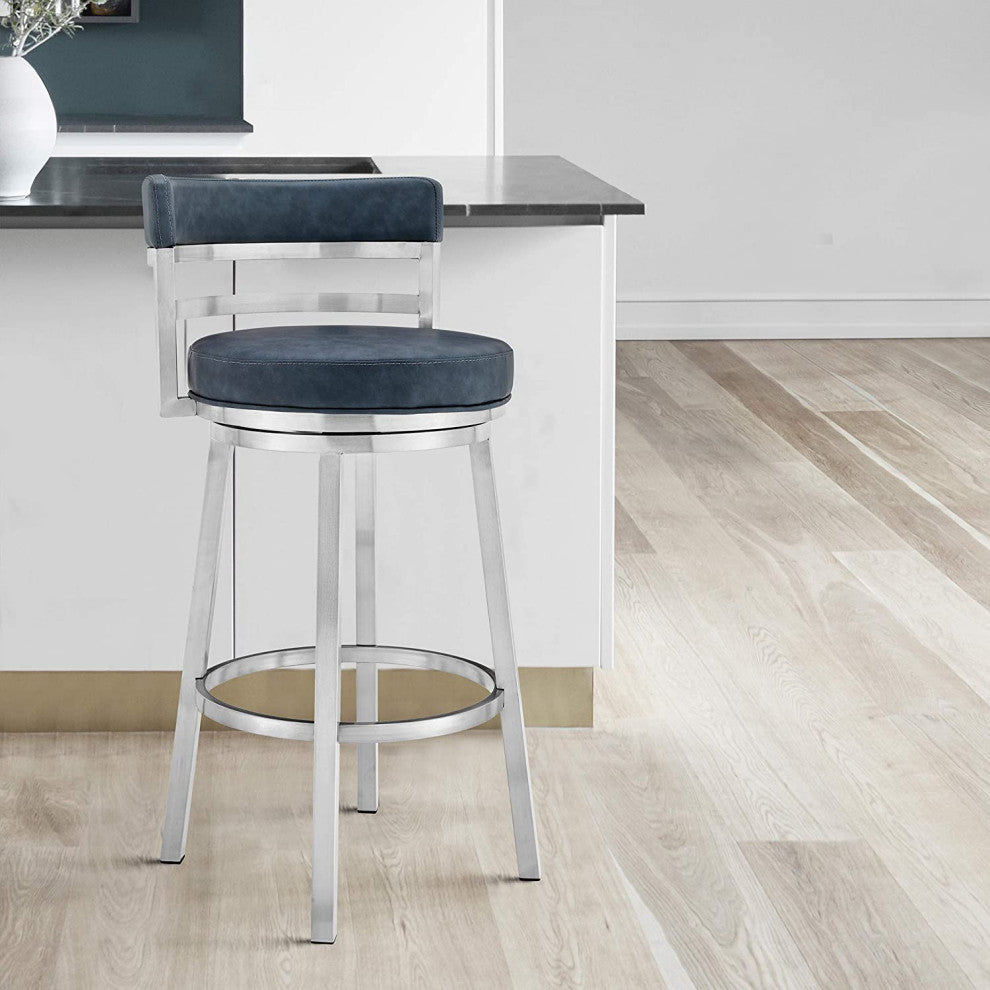 Counter Stool, Brushed Stainless Steel Finished Frame and Blue Faux Leather Seat