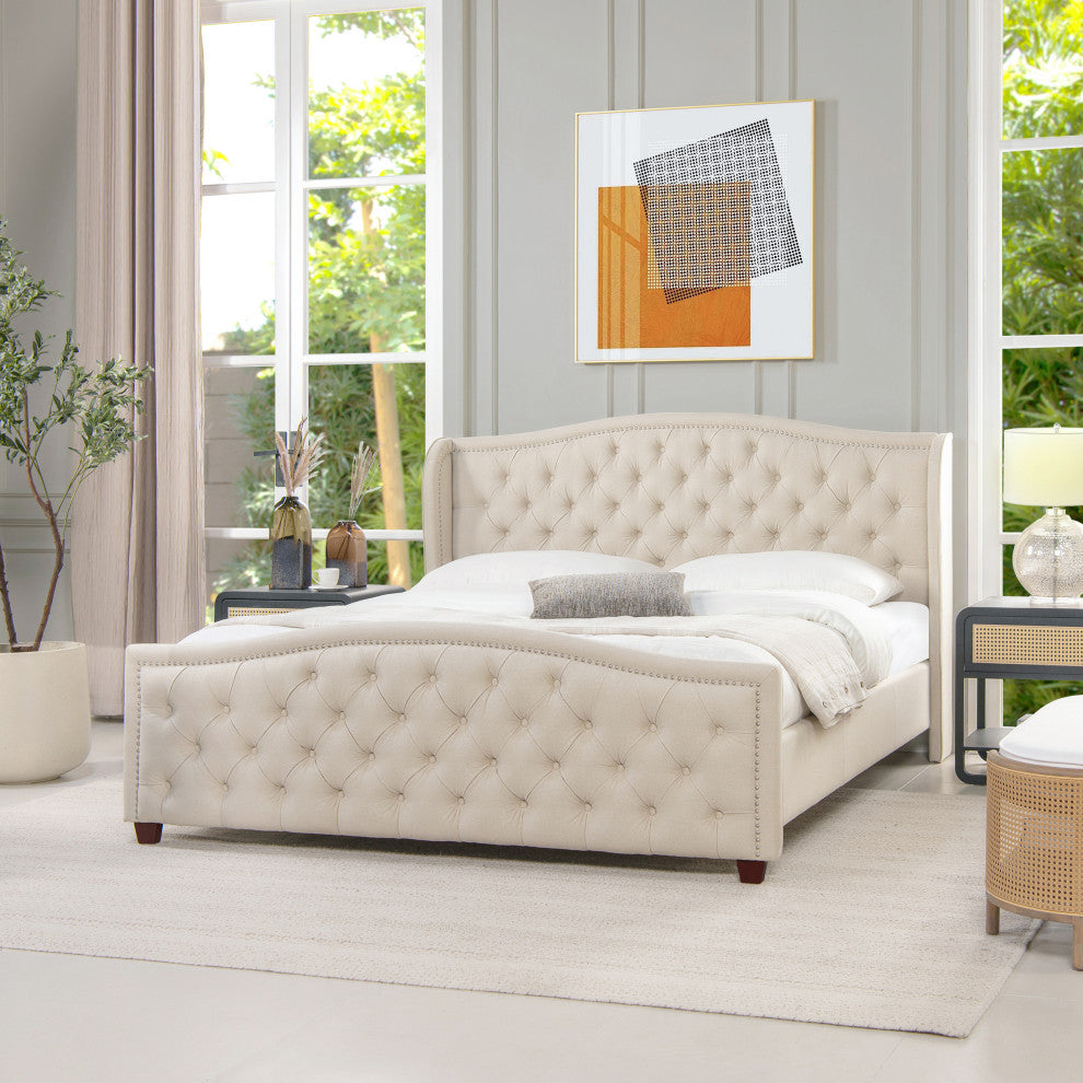 Fontana Wingback Upholstered Platform Bed Frame, Sky Neutral Beige Polyester, King