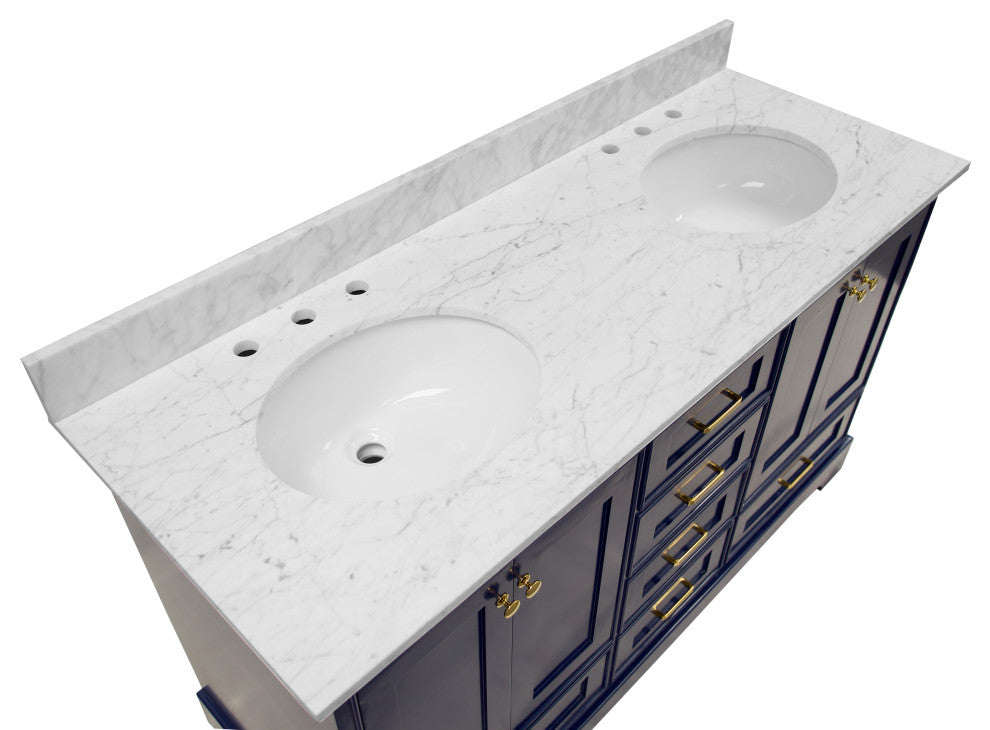 Harper 60" Bathroom Vanity, Royal Blue, Carrara Marble, Double