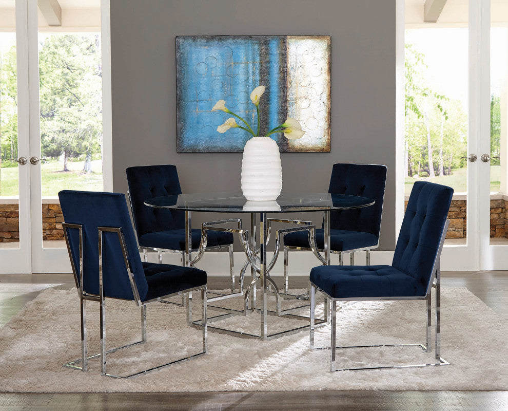 Set of 2 Fabic Dining Chairs, Blue and Chrome