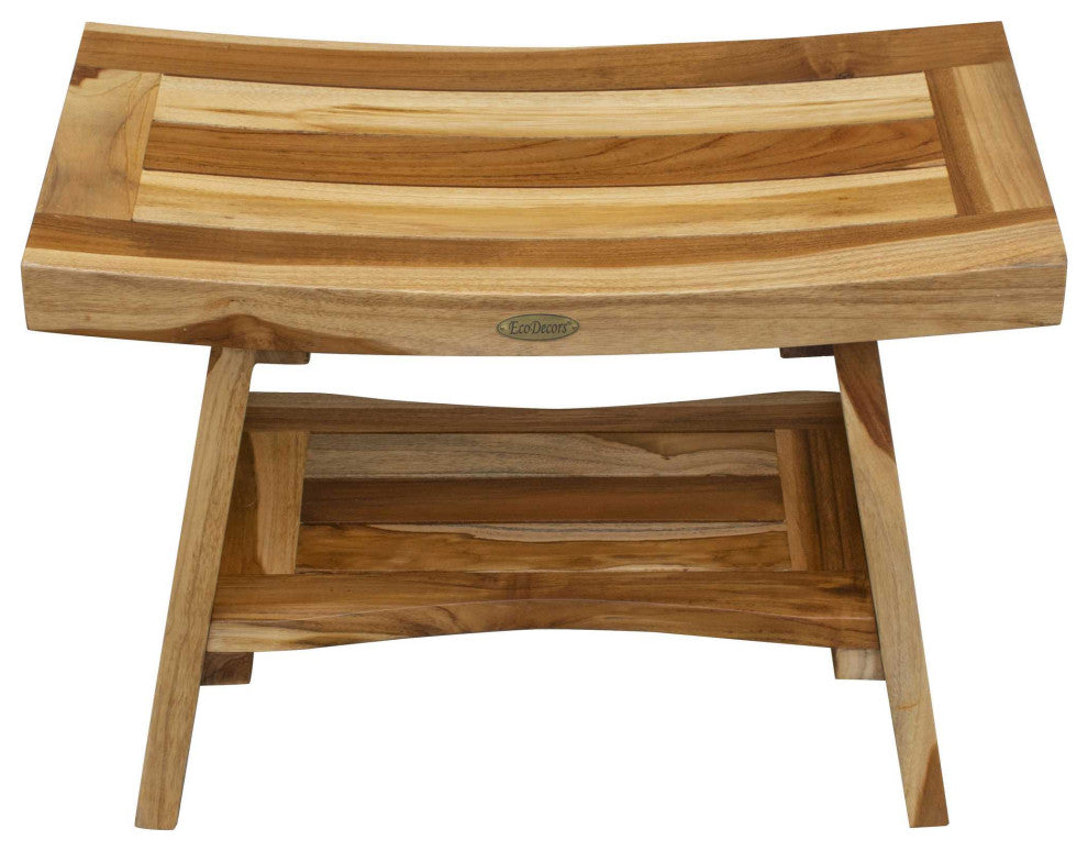 HomeRoots Contemporary Teak Shower Bench With Shelf, Natural Finish