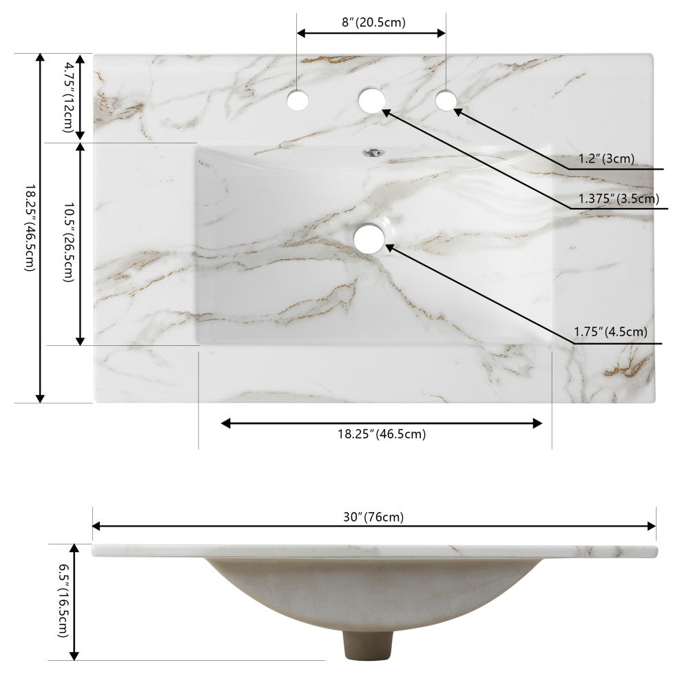 Ancillary 3-Hole Contemporary Rectangular Ceramic Single Sink Basin Vanity Top