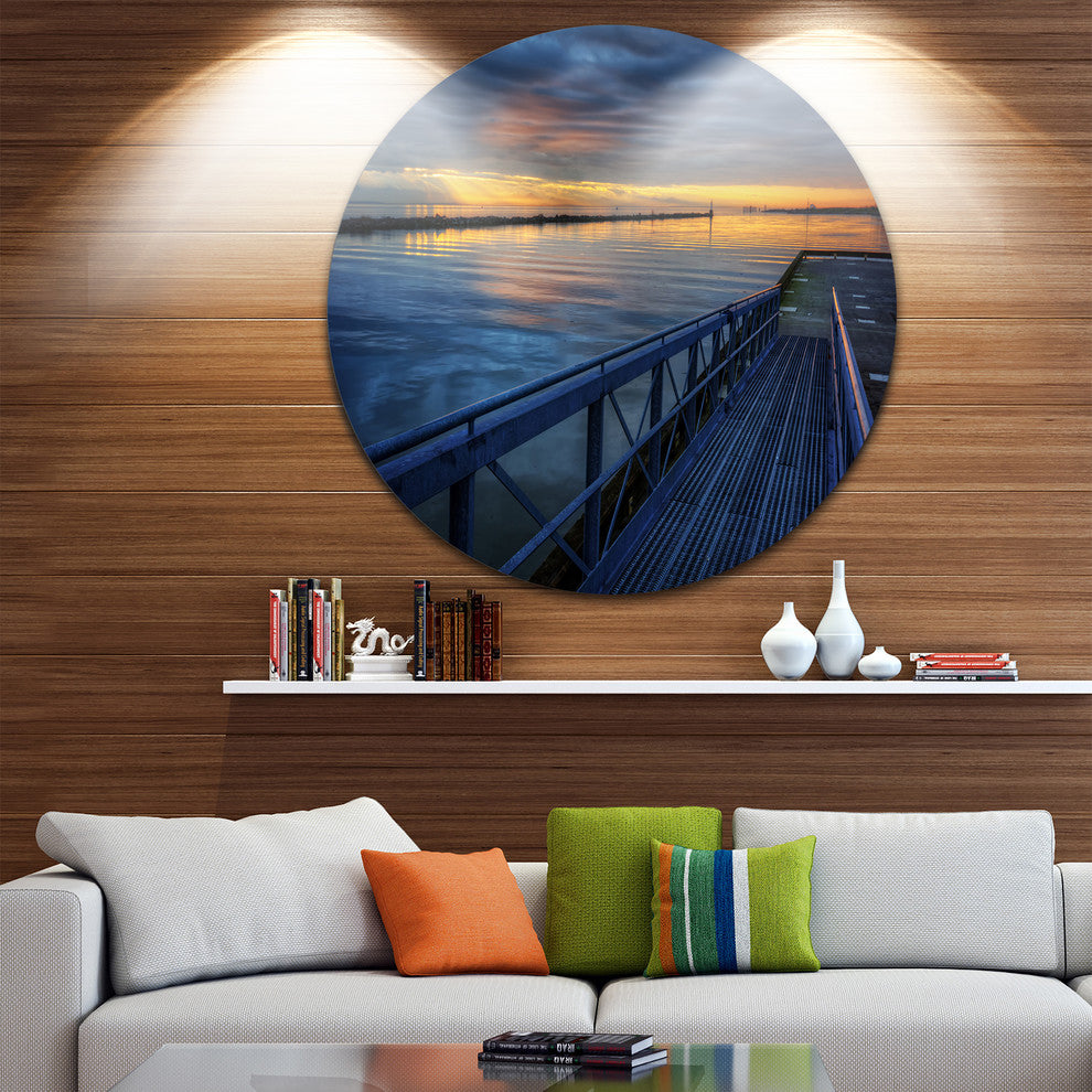 Azure Waters Behind Pier, Seascape Photo Disc Metal Artwork, 11"