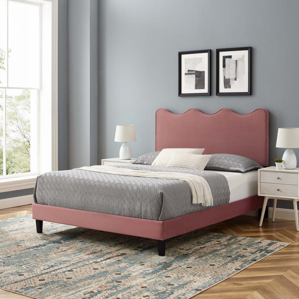 Platform Bed Frame, King Size, Pink, Velvet, Modern, Bedroom Master Guest Suite
