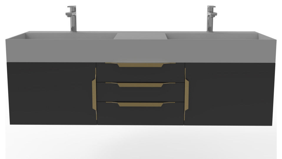 CastelloUSA Amazon 60" Wall Mounted Vanity Set, Black, Gray Top, Gold Handles