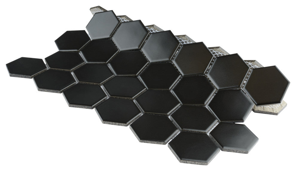 Metro 2" Hex Matte Black Porcelain Floor and Wall Tile