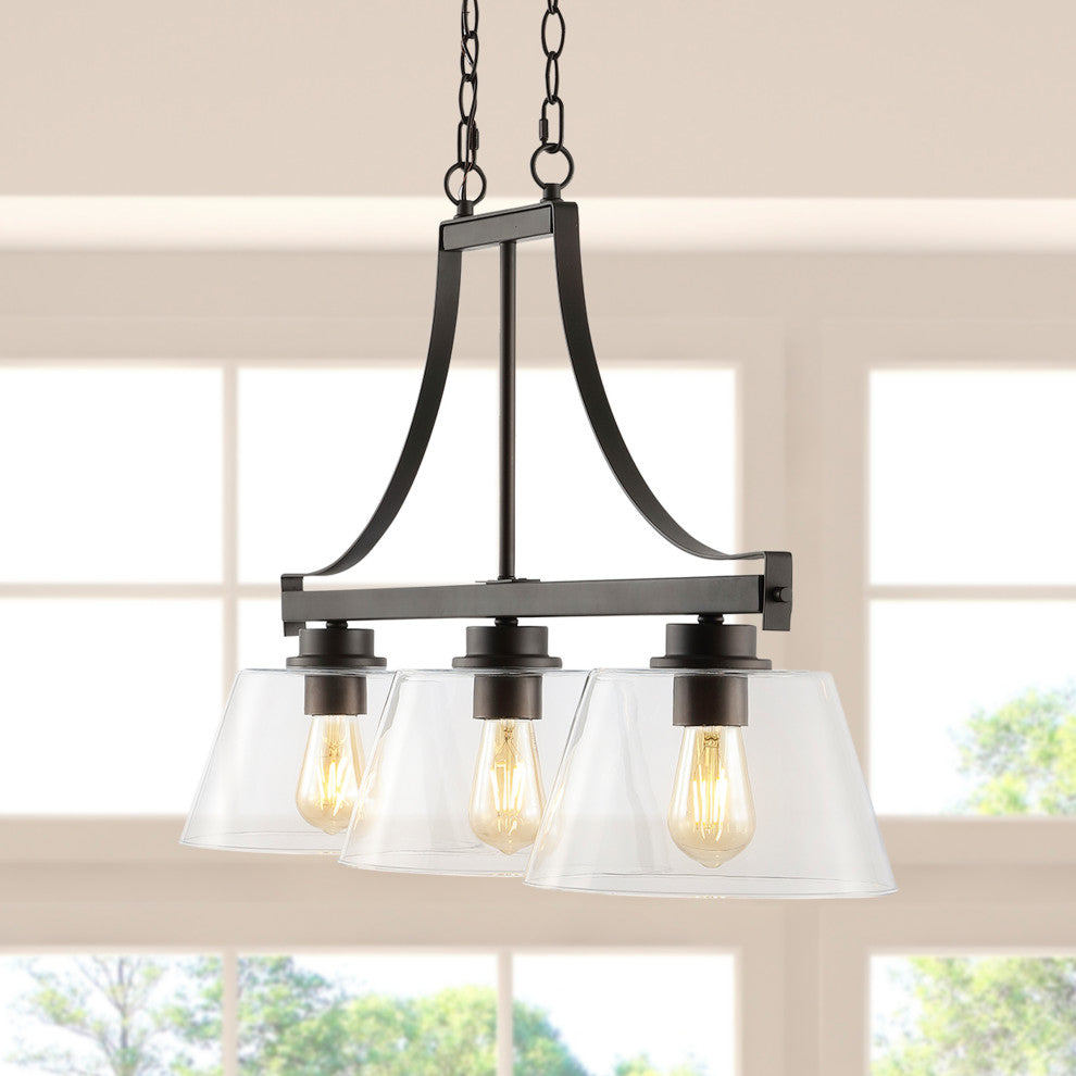 Jayden 36" 3-Light Industrial Farmhouse Iron/Glass Linear Pendant Bronze/Clear