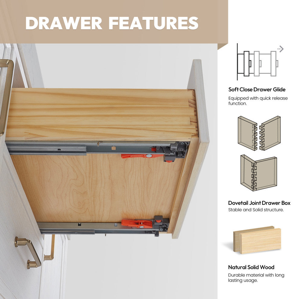 Leon Bath Vanity With Composite Stone Top, Washed White, 36", No Mirror