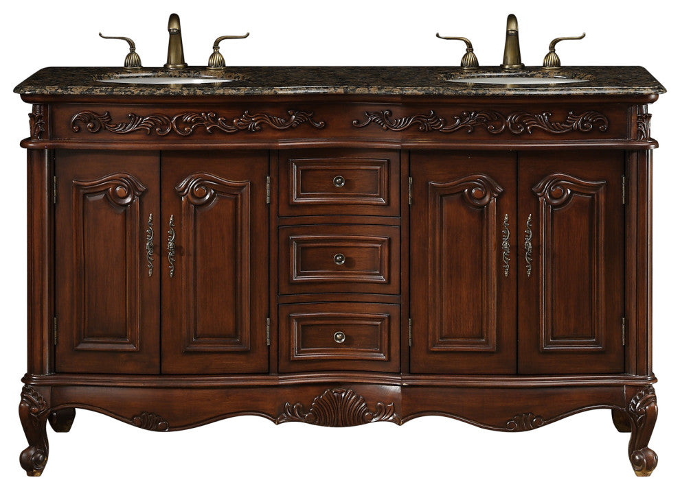 Cassandra 60" Dark Cherry Double Sink Bathroom Vanity, Baltic Brown Granite Top
