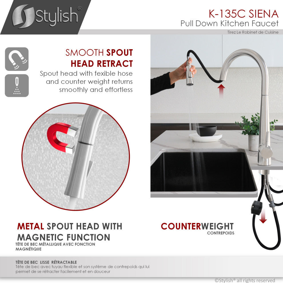 STYLISH Kitchen Sink Faucet Single Handle Pull Down Dual Mode Stainless Steel