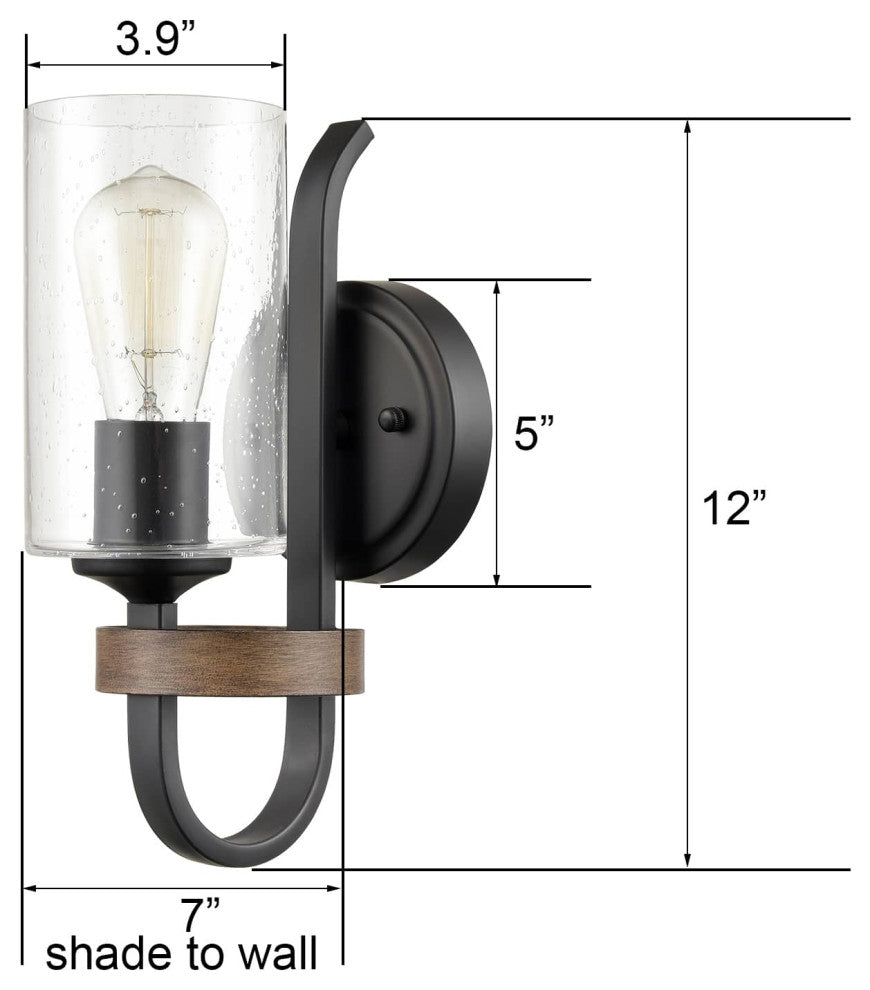 Industrial Wall Sconce Seeded Glass Shade with Wood Grain Finish