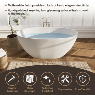 Euston Flatbottom Freestanding Solid Surface Soaking Bathtub, Matte White, 55inch