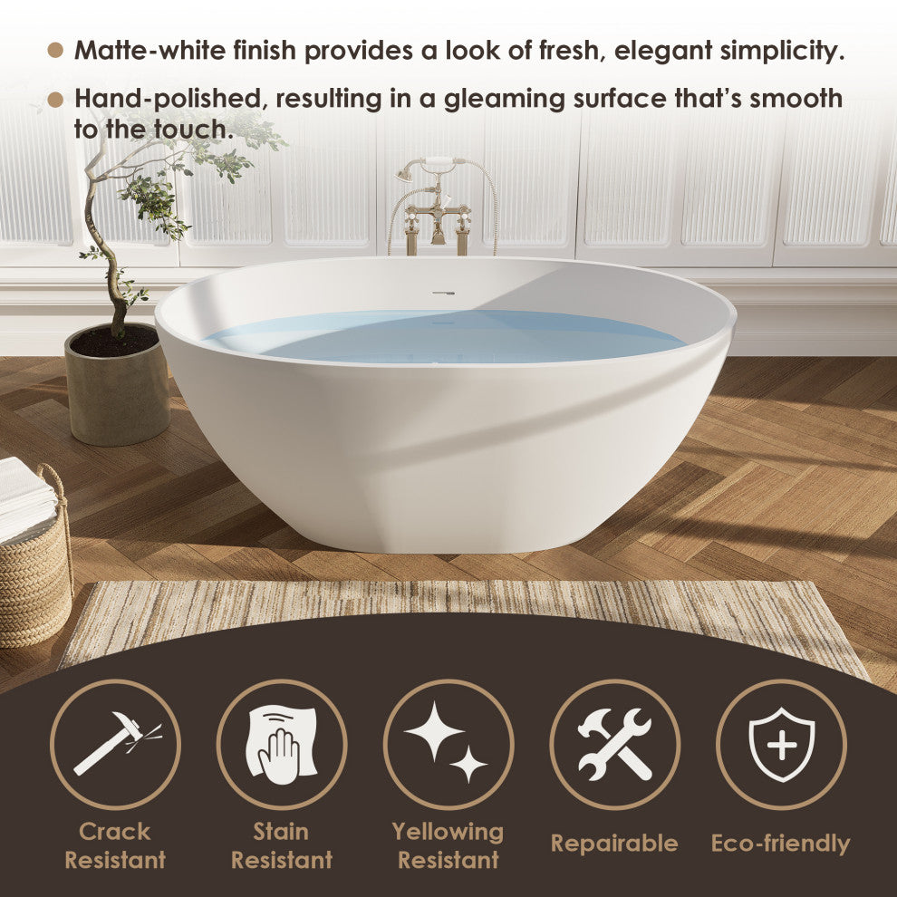 Euston Flatbottom Freestanding Solid Surface Soaking Bathtub, Matte White, 55inch