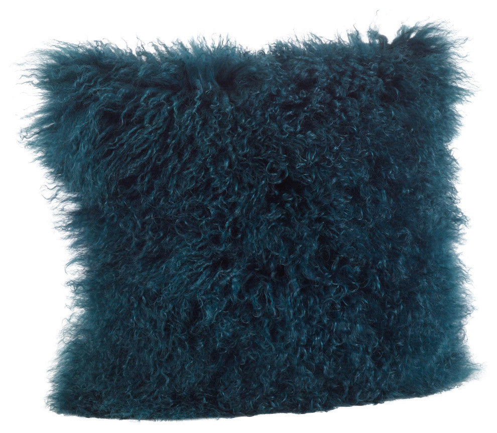 Mongolian Lamb Fur Poly Filled Throw Pillow, Teal, 20"x20"