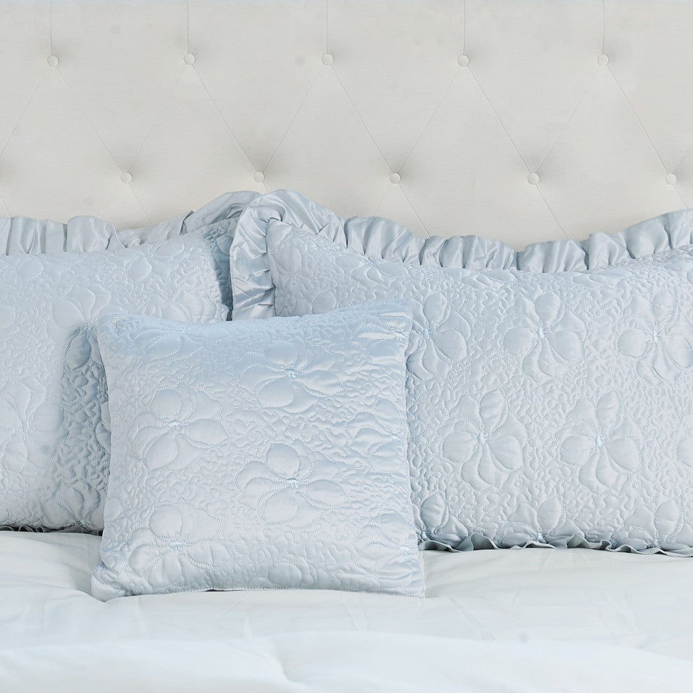 Matte Satin Ruffle 4 Piece Bed Spread Set, Light Blue, King