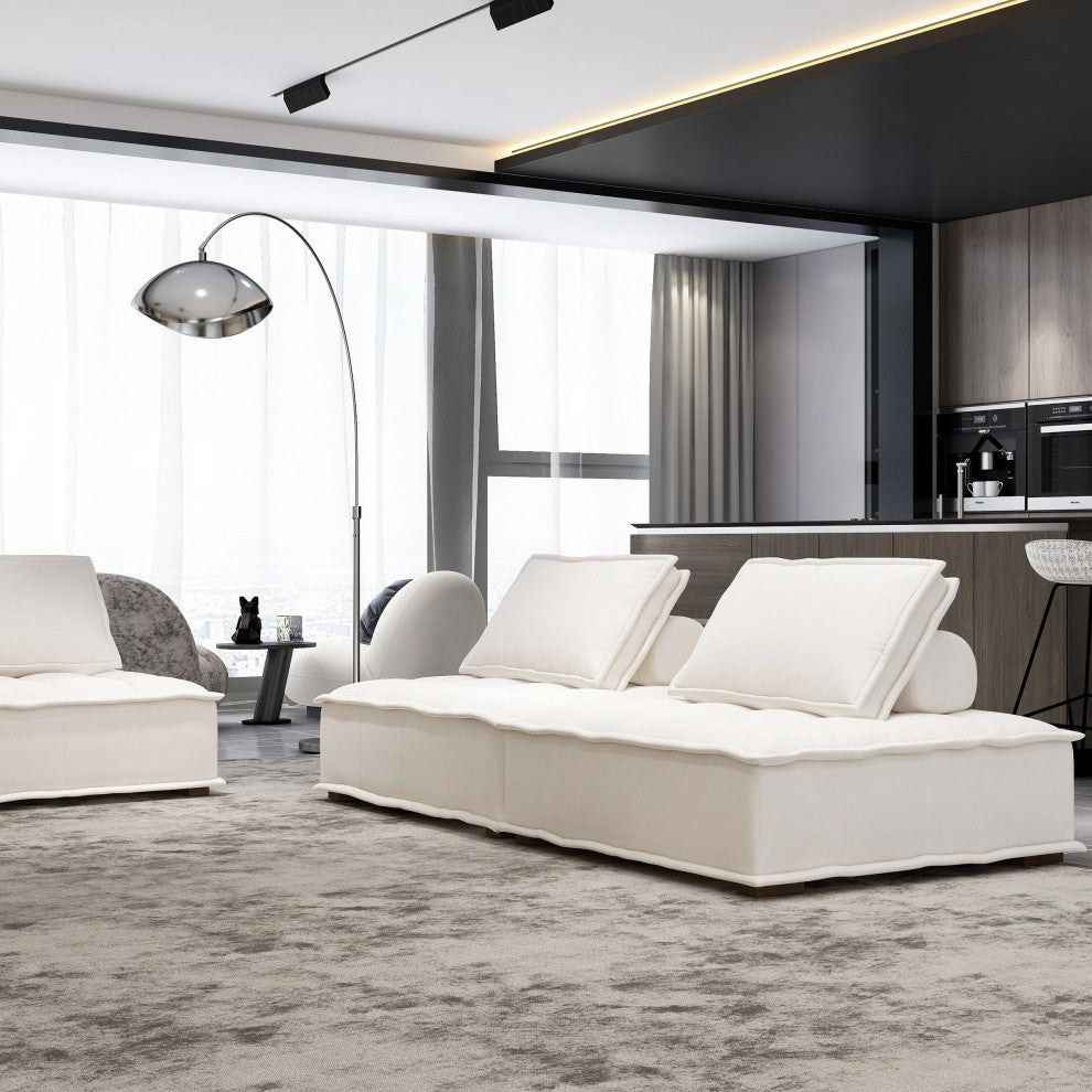 Arwen Modern Modular Square Tufted Sectional Sofa, White Beige Linen, 126" 3-Piece Sofa